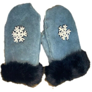 Vtg Blue Leather Indigenous Hand Beaded Snowflake Mittens Sz Ladies S / M